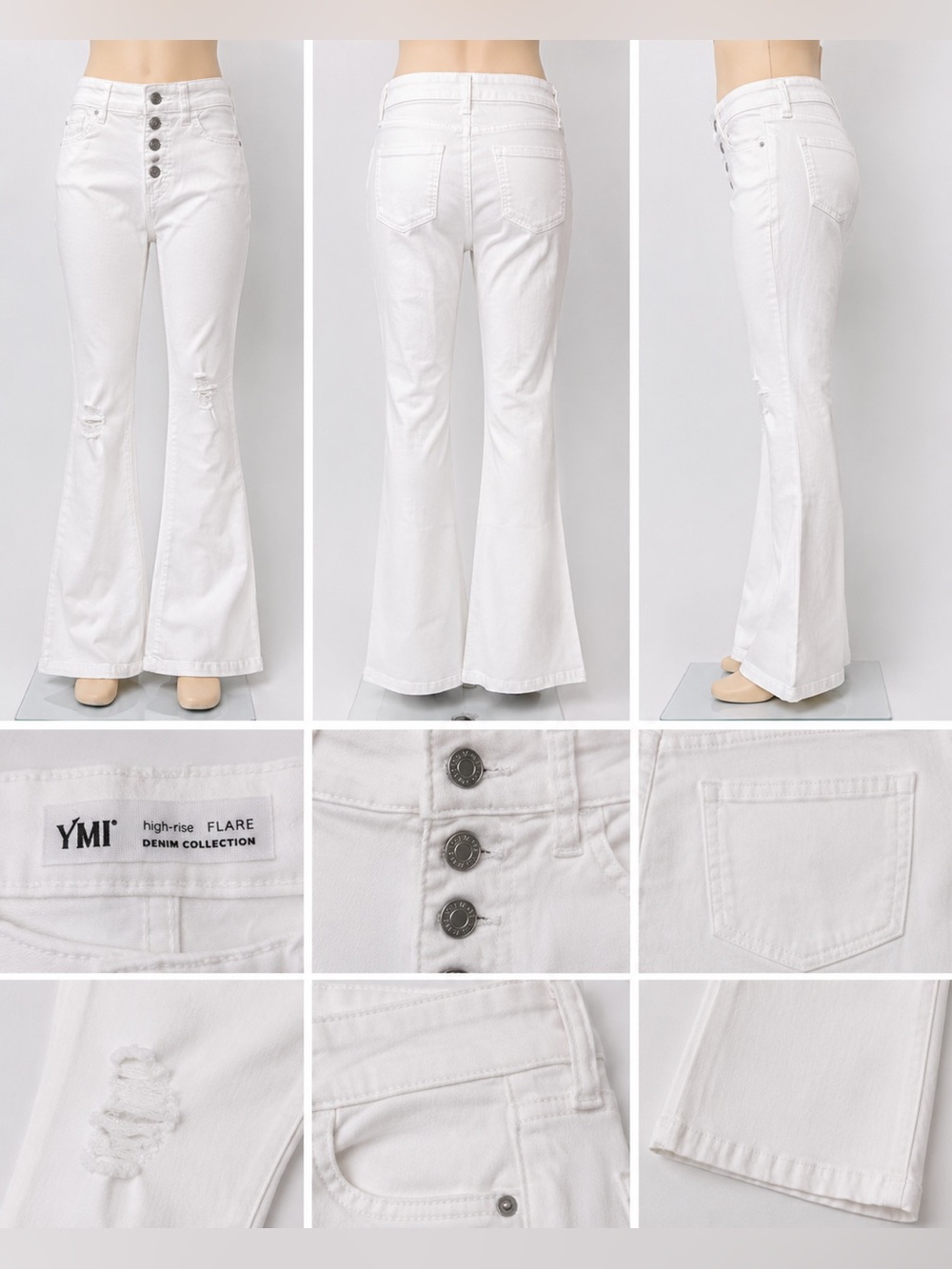 YMI White High-Rise Flare Jeans with Button Front